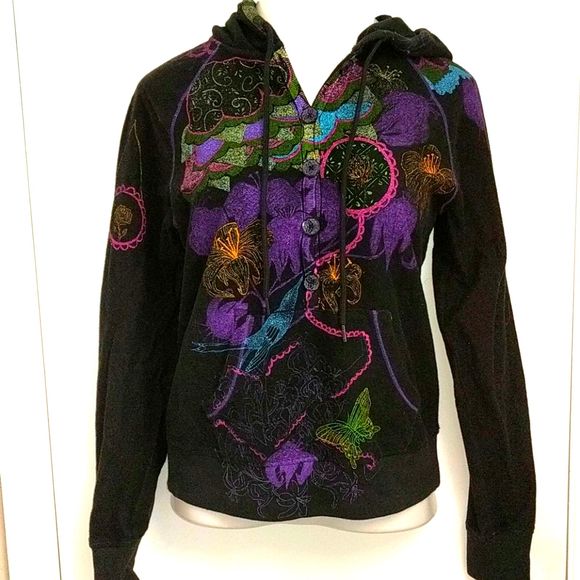 LUCKY BRAND Floral Butterfly Print Hoodie Medium